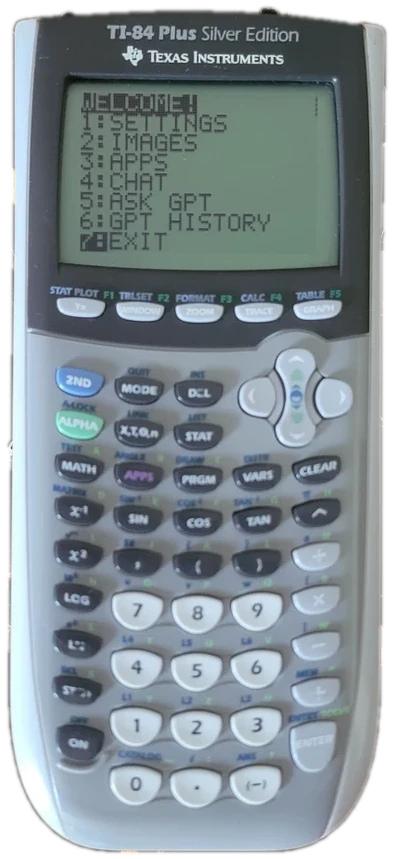 AI-84 Mark I showing its welcome menu: Settings, Images, Apps, Chat, Ask GPT, GPT History